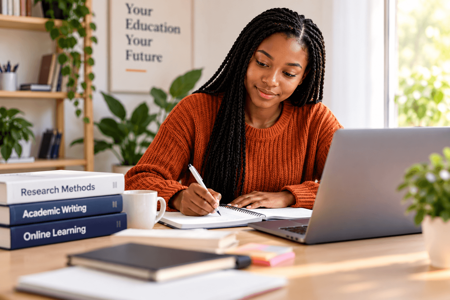 Student studying with a laptop, academic books, and a notebook