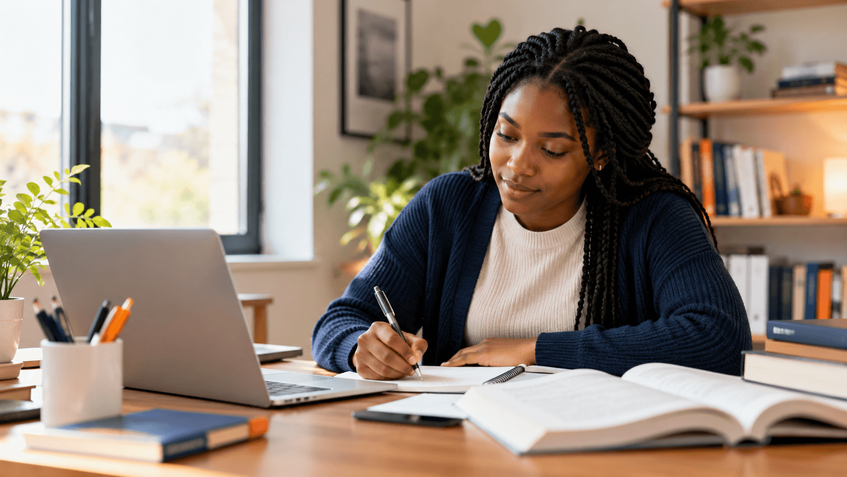 Student studying online with a laptop, notebook, and books